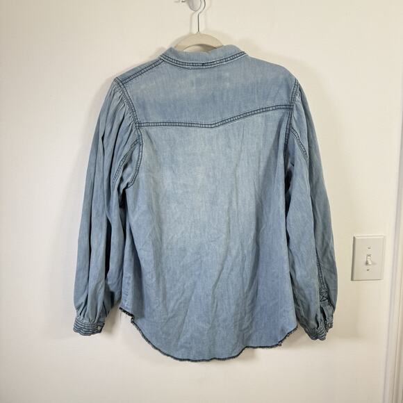 We the Free With Love Cotton Denim Shirt Blue Boho Western Pearl Snap Womens XL - Picture 8 of 8